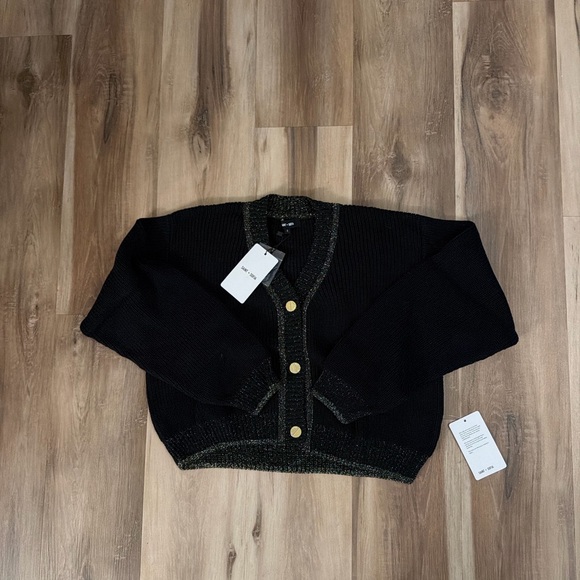 Saint + Sofia Black & Gold Metallic Trim Cardigan NWT Size S